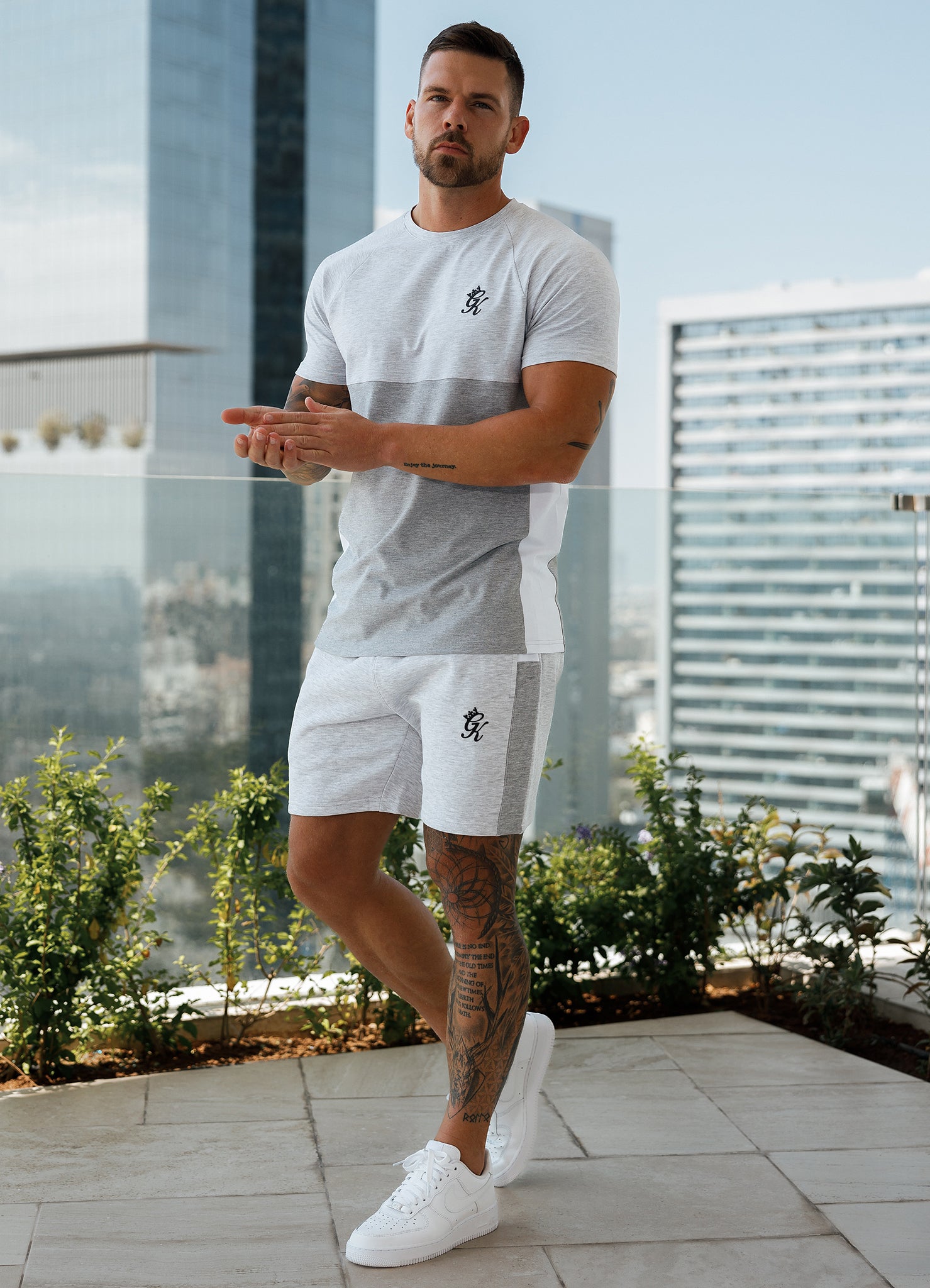 Gym King Contrast Panel Fleece Short - Snow Marl/Light Grey/White M