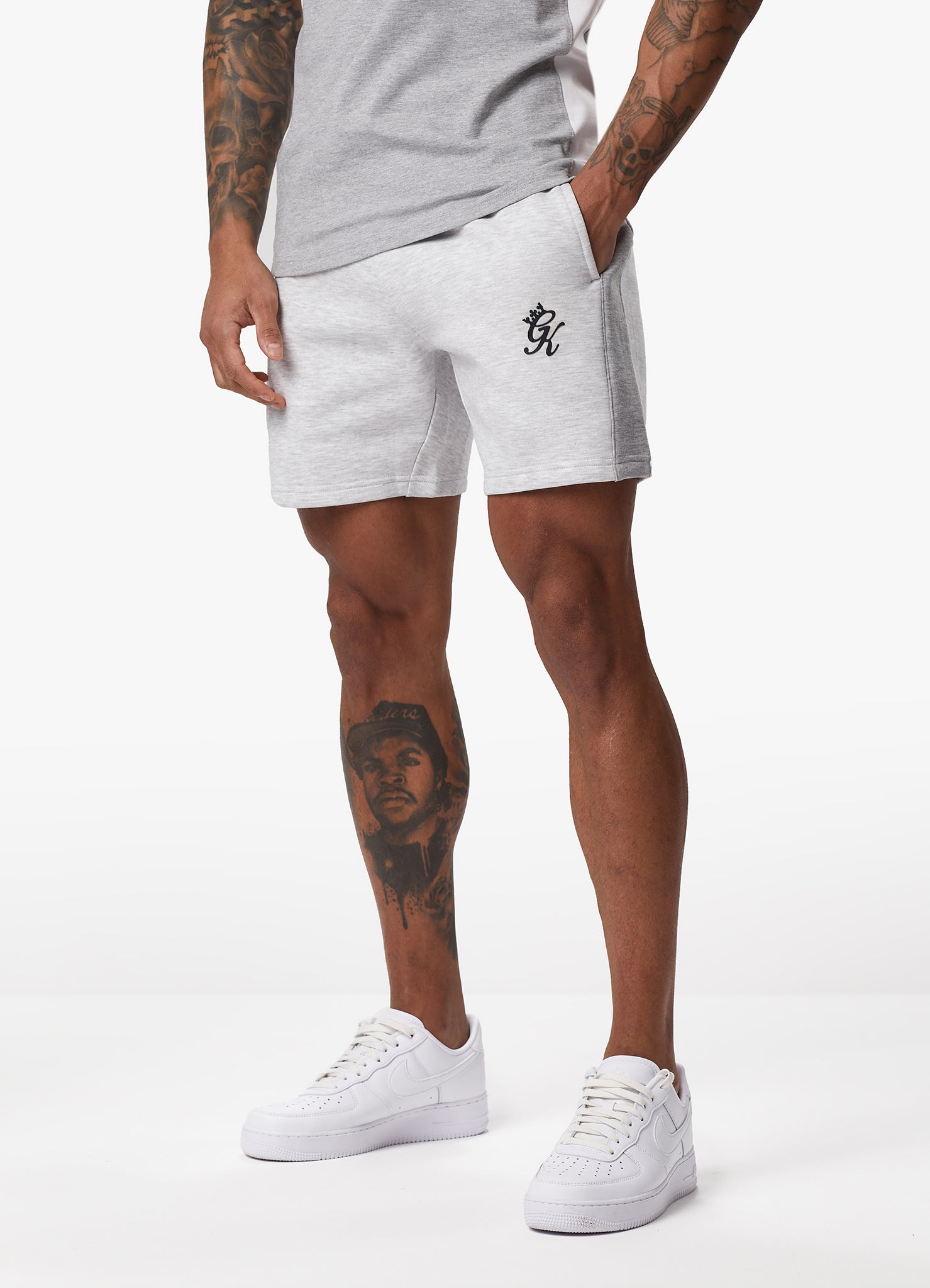 Gym King Contrast Panel Fleece Short - Snow Marl/Light Grey/White M