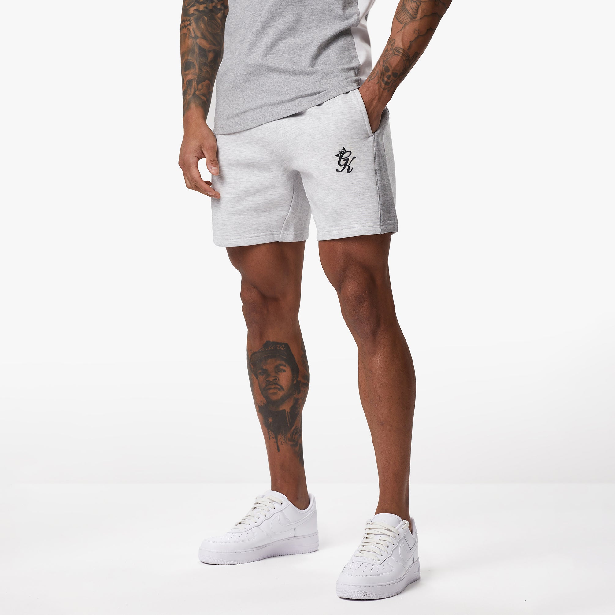 Gym King Contrast Panel Fleece Short - Snow Marl/Light Grey/White M