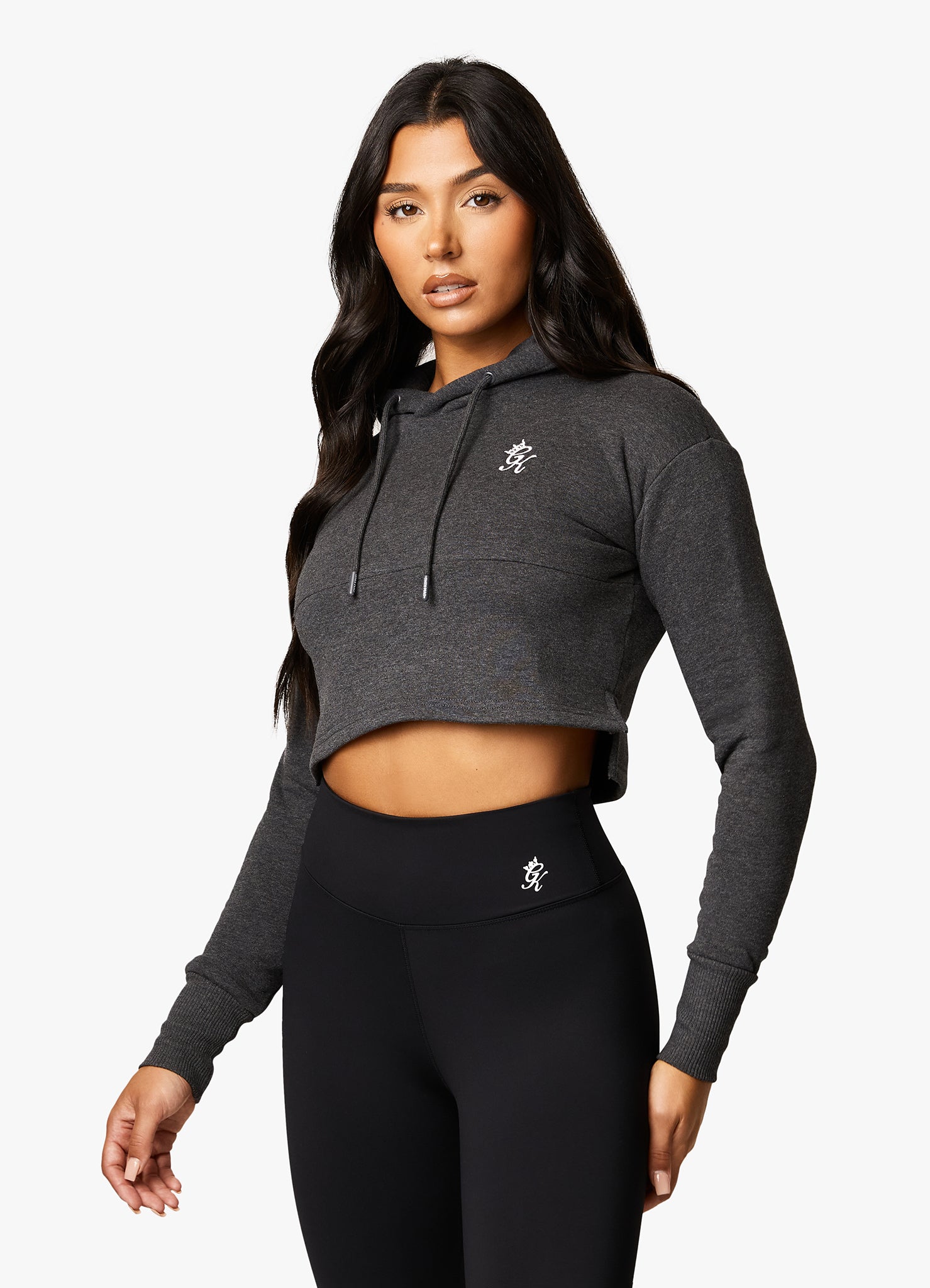 Gym King Sky Fleece Crop Hoodie - Charcoal Marl/White 14