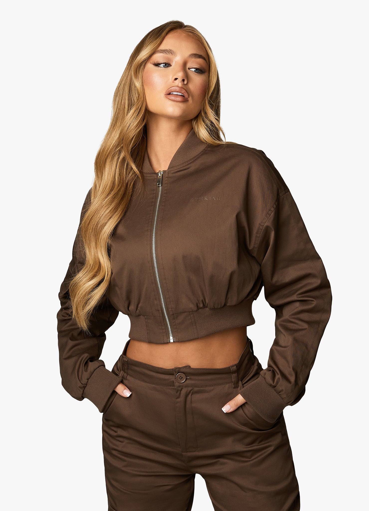 Gym King Cropped Woven Bomber - Chocolate 8